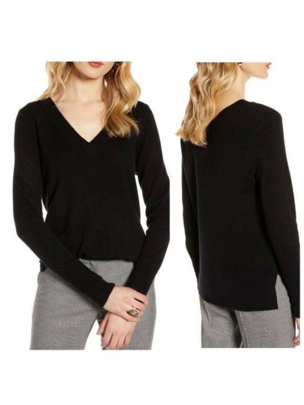 Halogen Black double V-Neck Women's Sweater 100% cashmere small